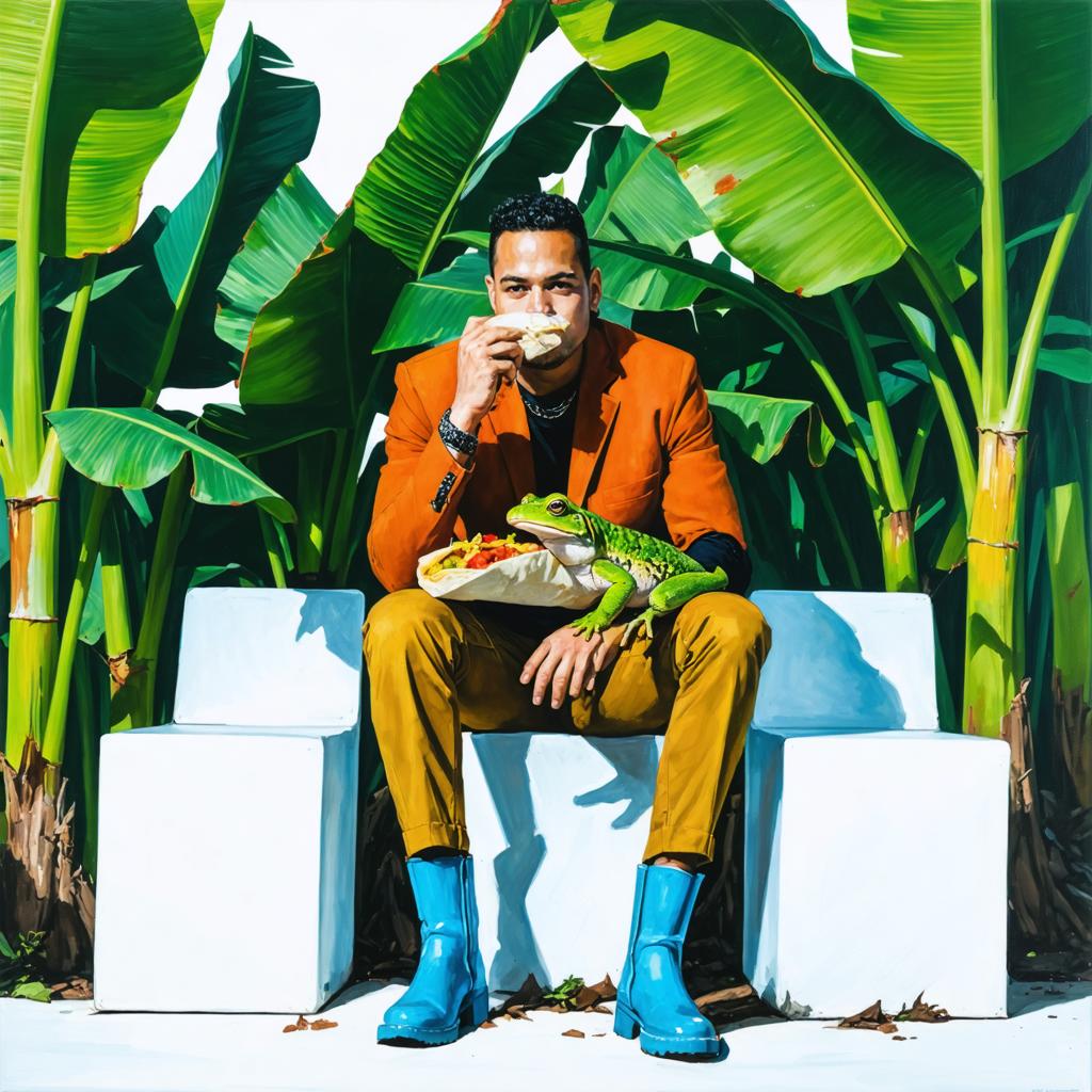 Experience the vibrant and surreal artistry of Stable Diffusion Ultra image generator with this captivating image! A man in a stylish orange blazer and blue boots sits amidst lush greenery, holding a toad that's sharing a taco with him. The vivid colors and intricate details showcase the tool's ability to create stunning, imaginative visuals, perfect for capturing attention and driving engagement.