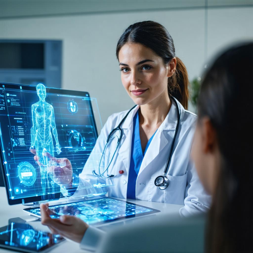 Un médecin, vêtu d'une blouse blanche et portant un stéthoscope, interagit avec un affichage holographique futuriste dans un environnement médical. L'image met en valeur les capacités du générateur d'images 'Stable Diffusion Ultra', capable de créer des visuels de haute qualité et dynamiques pour le diagnostic médical et l'éducation.
