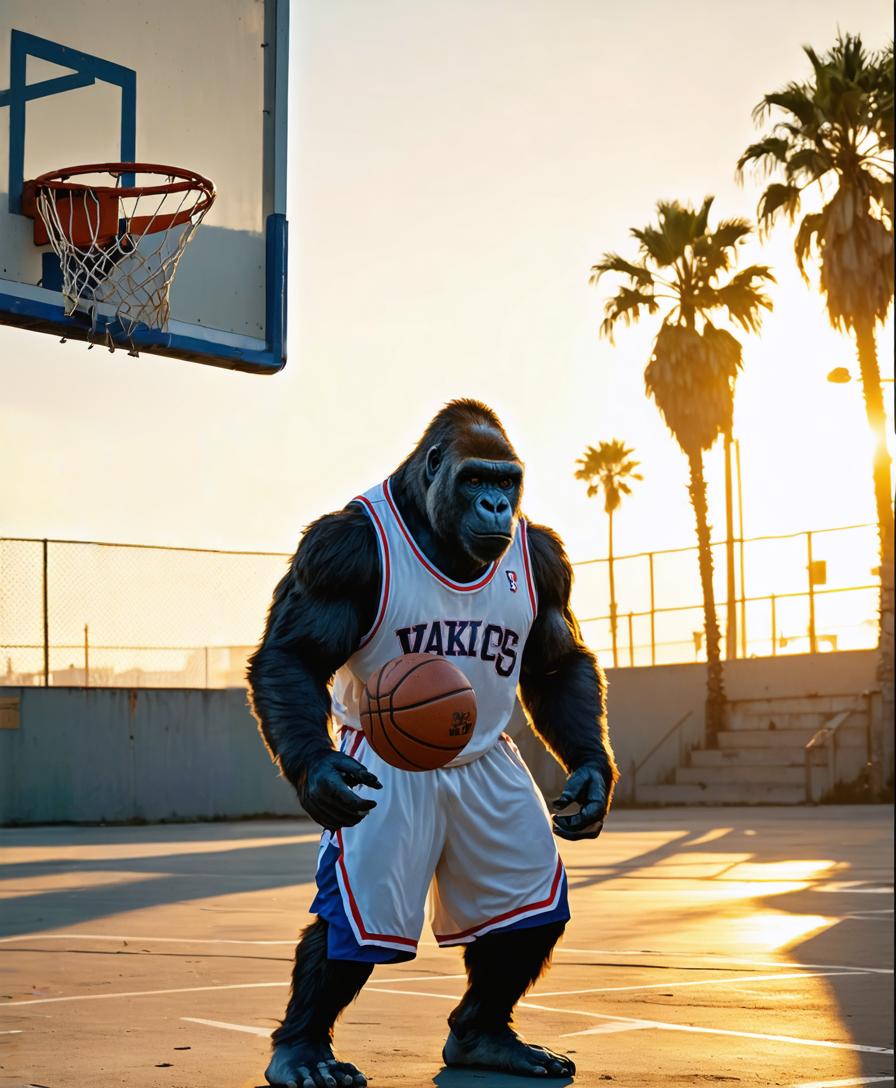 Transform your images with Stable Assistant's 'Erase' tool, which effortlessly removes unwanted objects, as seen in this creative photo of a gorilla in a basketball uniform. Perfect for enhancing your visuals with precision and ease, 'Erase' ensures your content stands out with clean, professional results.