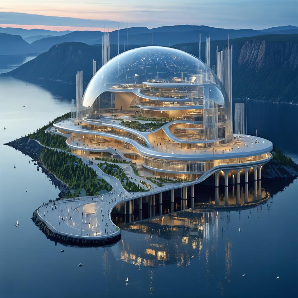 Questa è una vista aerea mozzafiato di un capolavoro architettonico futuristico, situato su una penisola, con una grande cupola trasparente e più livelli curvi a vetrate che riflettono l'acqua circostante. La progettazione elegante e l'integrazione con la natura lo rendono un elemento di spicco, evocando un senso di innovazione e armonia con l'ambiente. L'immagine è stata creata utilizzando il 'generatore di immagini Stable Diffusion Ultra', che dimostra la sua capacità di generare rendering di alta qualità, dettagliati e visivamente impressionanti di strutture e paesaggi complessi.