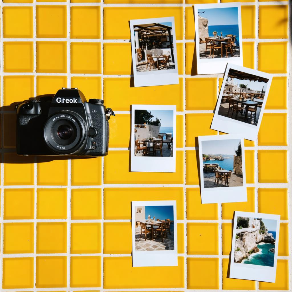 L'image met en scène un appareil photo reflex numérique 'Creok' noir placé au centre sur une surface carrelée jaune vive, entouré de six photos au format Polaroid montrant différentes scènes de repas en plein air. Cette disposition suggère la polyvalence et la créativité du générateur d'images 'Stable Diffusion Ultra', capable de produire des contenus visuels dynamiques et esthétiquement agréables.