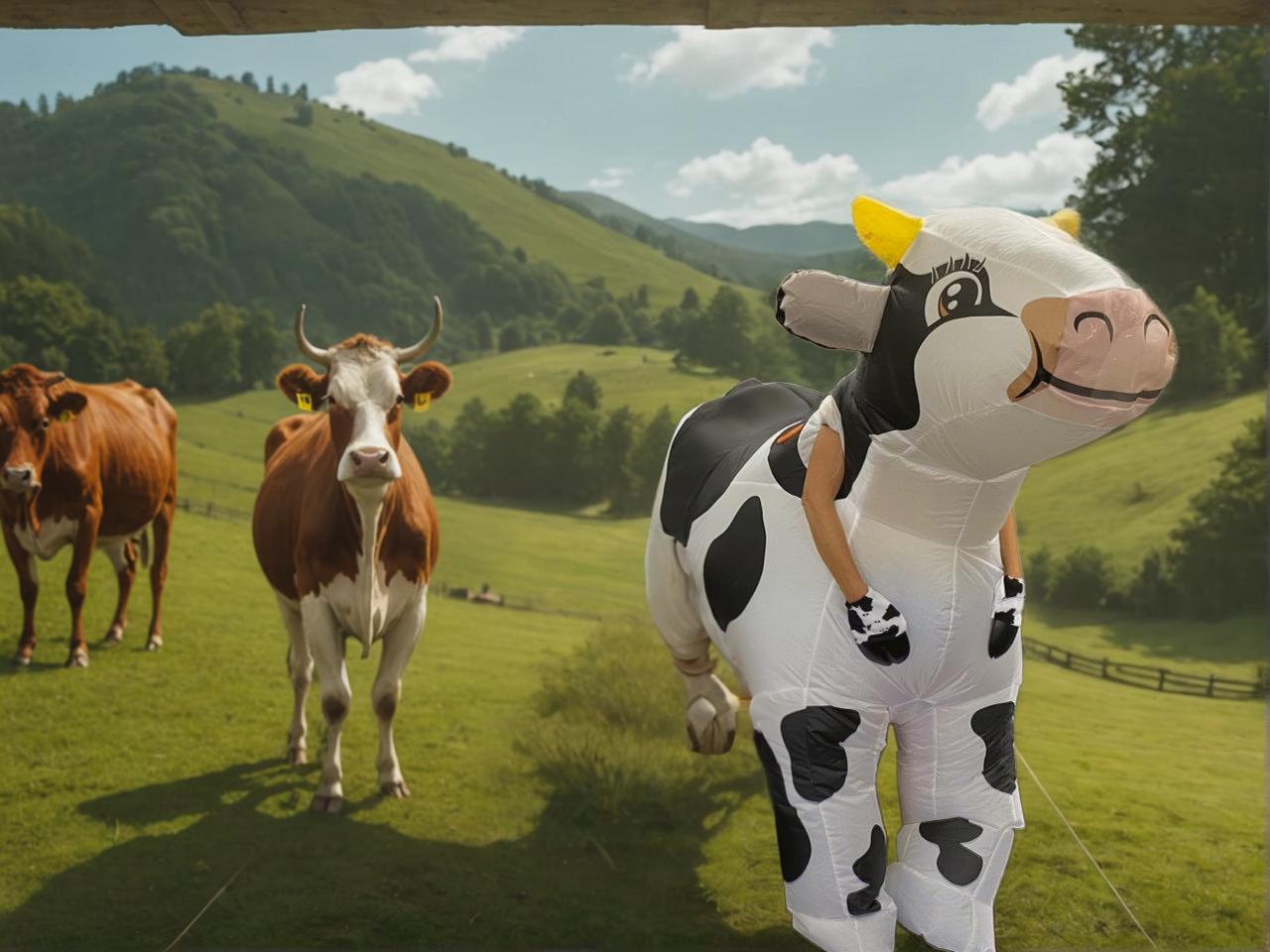 Dans cette image pleine d'humour, un costume gonflable de vache se distingue dans un cadre pastoral, avec deux vaches réelles qui l'observent. La scène est une démonstration ludique de l'outil 'Inpaint', qui peut remplacer des parties d'une image par d'autres contenus, en fusionnant harmonieusement la fantaisie d'un humain dans un costume de vache avec la sérénité d'un paysage rural.