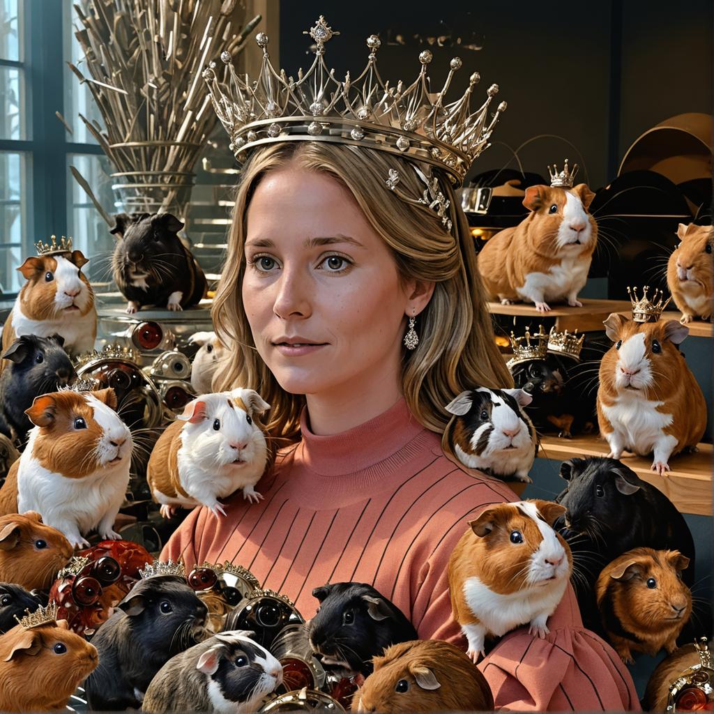 In the image, a woman adorned with a regal crown is surrounded by a lively gathering of guinea pigs, each wearing miniature crowns, creating a whimsical scene that showcases the capabilities of 'Stable Diffusion Ultra image generator' to generate vibrant and engaging visuals.