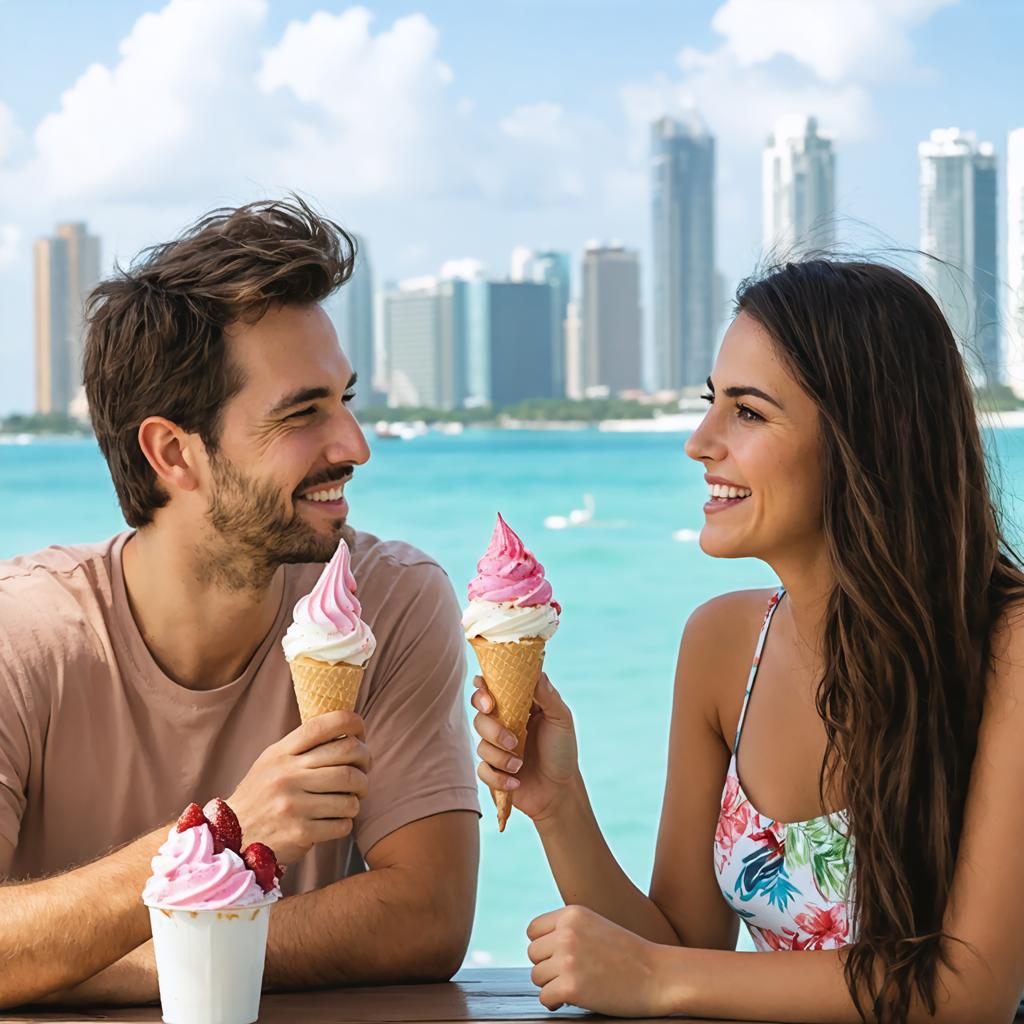 In this image, a smiling couple enjoys ice cream cones on a sunny beach, with a backdrop of clear blue skies and towering city buildings, highlighting the 'Stable Diffusion Ultra image generator's' ability to create realistic and vibrant scenes. The image showcases the tool's capability to generate high-quality, engaging visuals, perfect for enhancing online content or personal projects.