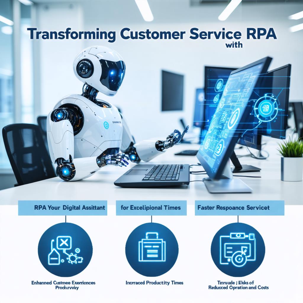 This image showcases a futuristic office setting with a humanoid robot interacting with a laptop, symbolizing the integration of AI technology in customer service. The background features digital interfaces, highlighting the advanced capabilities of 'Stable Diffusion Ultra image generator' in creating a visually engaging scene. The text "Transforming Customer Service RPA with Stable Diffusion Ultra" emphasizes the tool's role in enhancing customer experiences and productivity, while reducing operational costs.
