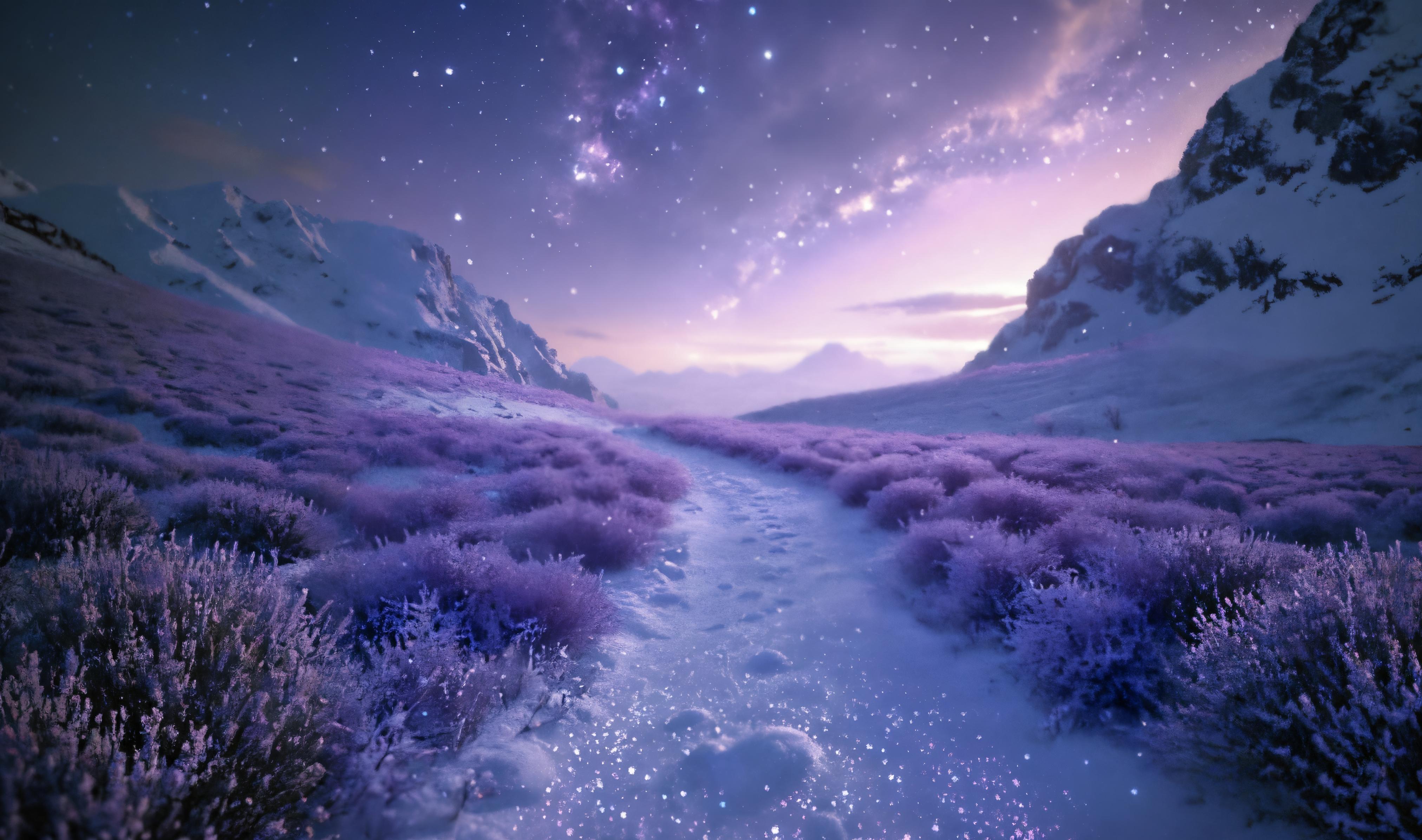 The image presents a captivating winter landscape at twilight, featuring a snow-covered path flanked by purple flowering bushes, leading to majestic snow-covered mountains under a starry night sky. The 'Upscale' tool has enhanced the scene, highlighting the details and textures of the environment, from the frost-kissed flora to the distant peaks, all bathed in the ethereal glow of the moon and stars.