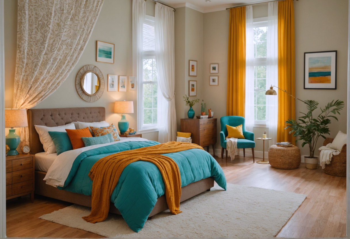 This cozy bedroom features a harmonious blend of warm and cool tones, with a king-sized bed draped in a plush turquoise comforter and a vibrant yellow throw. The room is accented with wooden furniture, including a vintage chest and a classic chair, all complemented by a lush green plant and framed artwork that adds personality to the space. The 'Close Variation' tool showcases its ability to create images that are remarkably similar, with subtle differences that capture the essence of the original scene, ideal for exploring design variations and enhancing home decor aesthetics.