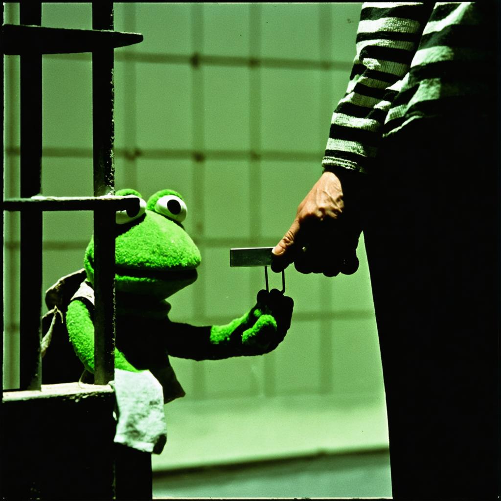 The image showcases a captivating scene created by the Stable Diffusion Ultra image generator, featuring a green frog puppet behind bars, interacting with a person holding a key. This powerful tool brings vivid and imaginative scenes to life, demonstrating its ability to generate detailed and engaging visuals. Perfect for creative projects, the Stable Diffusion Ultra image generator offers unparalleled control and quality in AI-generated imagery.