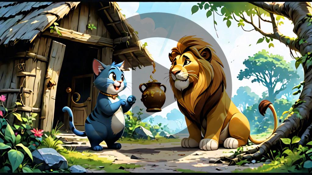 Discover the magic of AI-generated animation with Stable Video text to video generator! Witness a charming scene where a blue cat offers a teapot to a majestic lion, showcasing the tool's ability to create engaging and visually stunning content effortlessly. Perfect for animators and content creators looking to harness the power of AI in their projects.