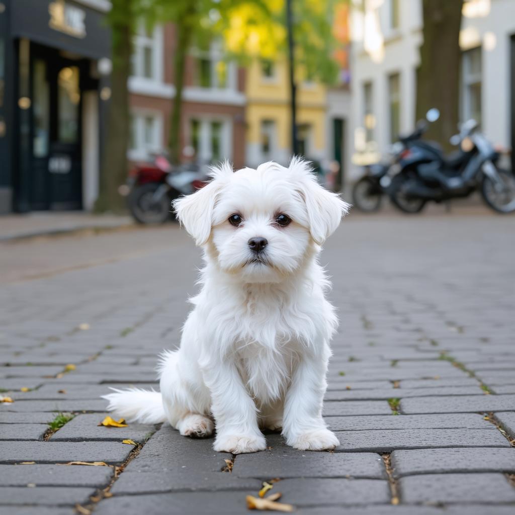 In the image, a fluffy white puppy sits attentively on a cobblestone street, its curious gaze directed towards the camera. The background reveals a quaint urban setting with buildings, parked motorcycles, and a hint of autumn with scattered leaves on the ground. This charming scene was brought to life by the 'Stable Diffusion Ultra image generator,' a powerful tool that allows users to create realistic and captivating images from textual prompts.