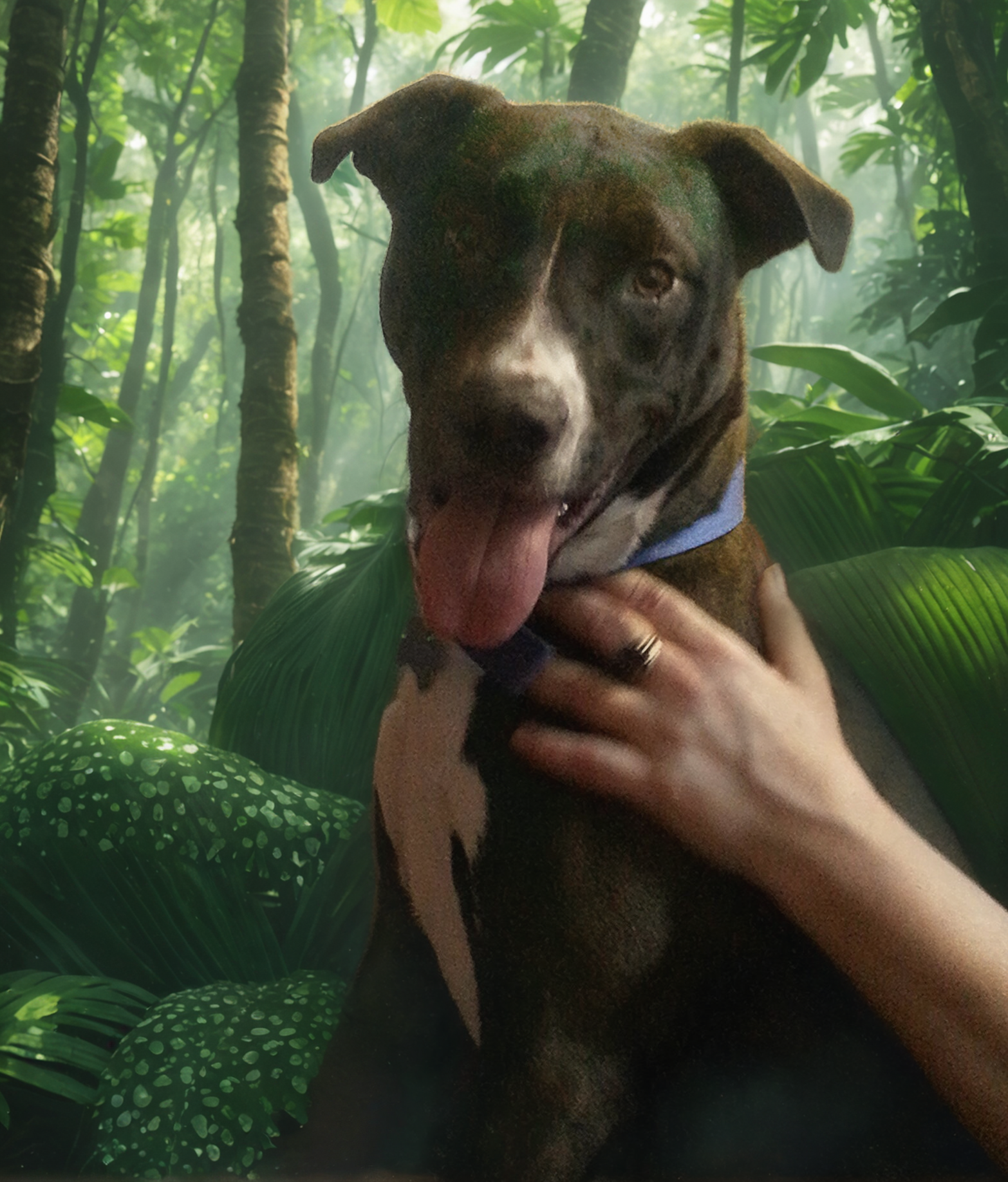 Discover the magic of Stable Assistant's 'Replace Background' tool with this stunning image! A playful dog in a lush, green forest is seamlessly integrated into a vibrant, natural setting, showcasing the tool's ability to create realistic and captivating backgrounds. Perfect for enhancing your digital content, this feature ensures your images pop with professional, high-quality results.