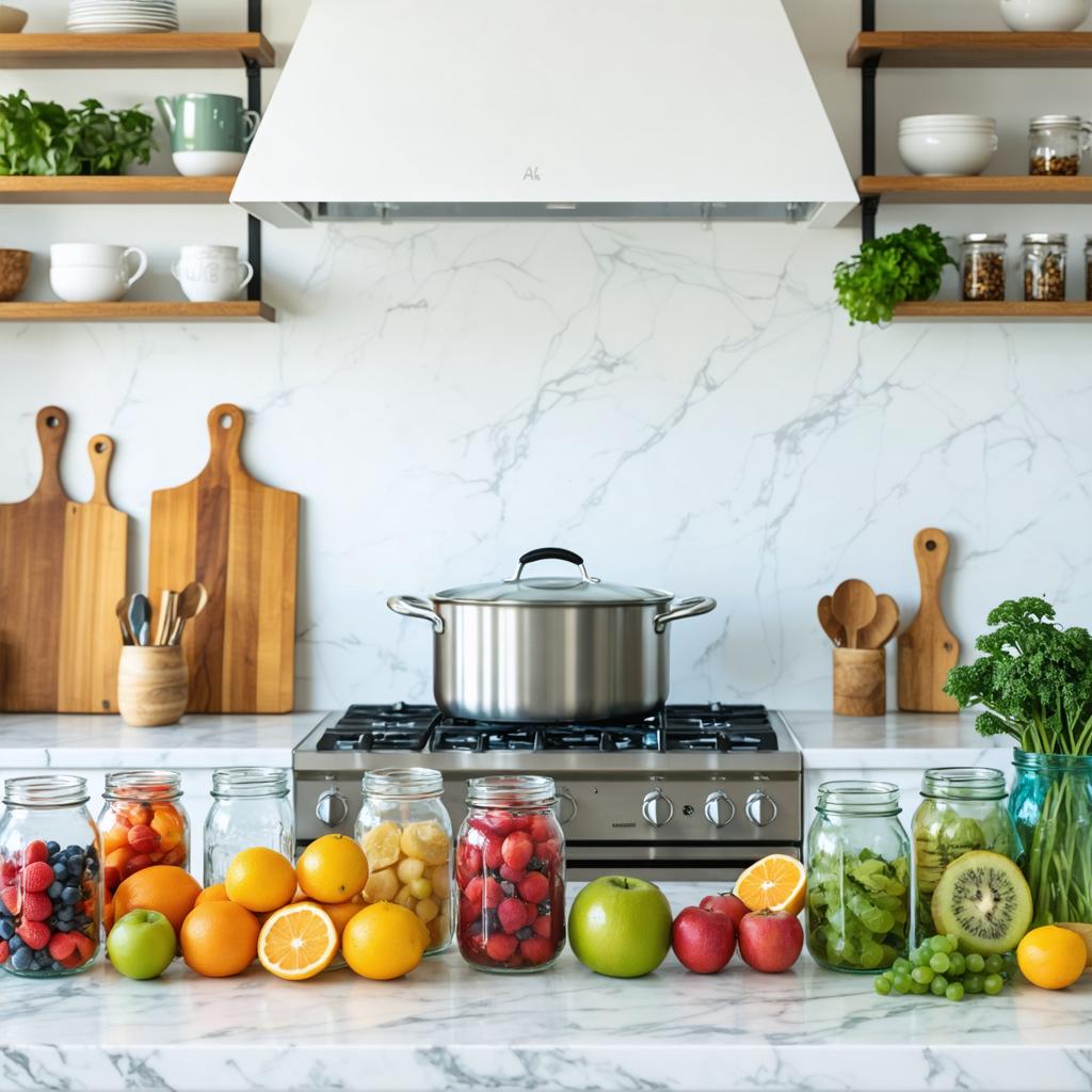 Cette image met en scène un comptoir de cuisine coloré orné d'une variété de fruits et légumes frais, soigneusement disposés dans des bocaux et des bols en verre, avec une casserole en acier inoxydable sur la cuisinière, devant un parement en marbre. L'image, générée par 'Stable Diffusion Ultra image generator', capture l'essence d'un environnement de cuisine moderne et sain, soulignant la capacité de l'outil à créer des visuels réalistes et attrayants qui peuvent enrichir le contenu en ligne.