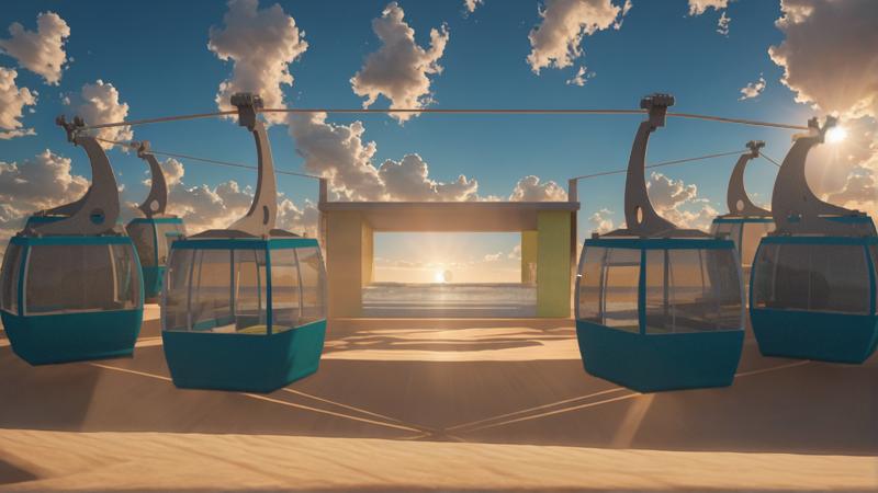 This is a serene image of a modern cable car system with transparent cabins, set against a breathtaking sunset backdrop. The sky is a clear blue with scattered white clouds, and the golden sun is visible through a structure, creating a warm, inviting atmosphere. The sandy ground reflects the sunlight, enhancing the beauty of the scene. This image was created using the 'Replace Background' tool, which allows for seamless integration of new backdrops, showcasing the versatility and creativity of the Stable Assistant platform.