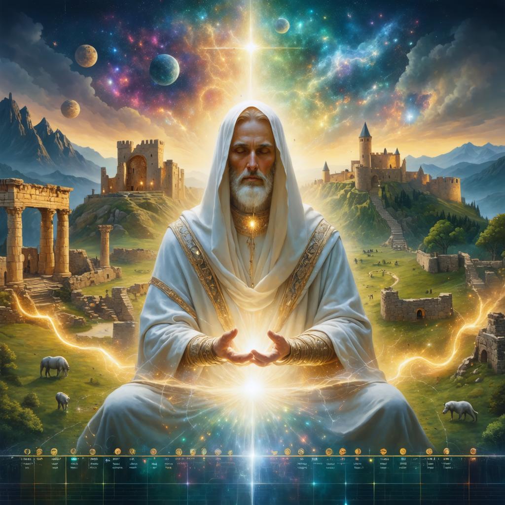 Scopri le impressionanti capacità del generatore di immagini Stable Diffusion Ultra con questa opera d'arte affascinante. Questo strumento AI combina maestrevolmente fantasia e realtà, creando una scena vivida di una figura mistica avvolta in luce, posta su un sfondo di antiche rovine e meraviglie celesti. Perfetto per mostrare la capacità dello strumento di generare immagini dettagliate, immaginative e di alta qualità.