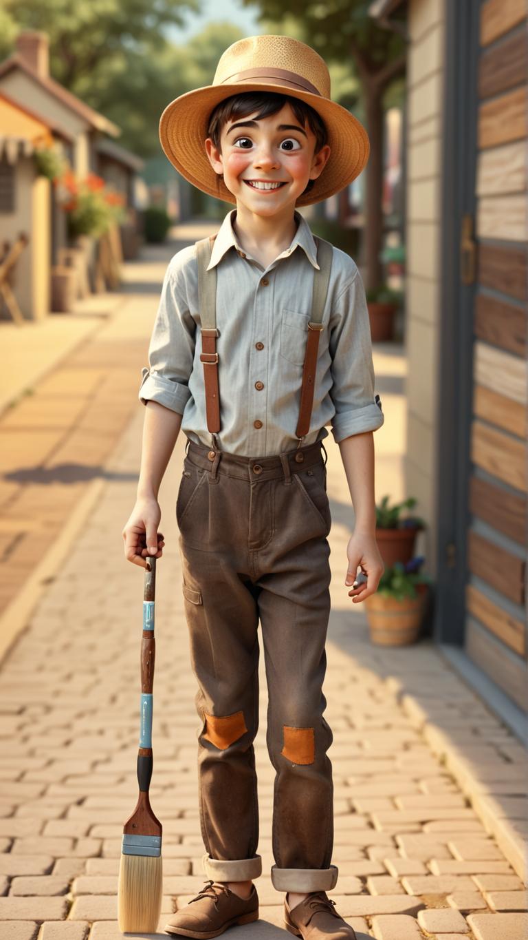 Dans l'image, un jeune garçon avec une expression joyeuse se tient sur une charmante rue pavée, portant un chapeau de paille et des bretelles, tenant un pinceau, incarna la magie d'une époque révolue. La scène est rendue avec des couleurs vives et une texture réaliste, mettant en évidence les capacités du générateur d'images 'Stable Diffusion Ultra' à créer des images vraies et détaillées qui évoquent la nostalgie et transportent les spectateurs dans une autre époque.