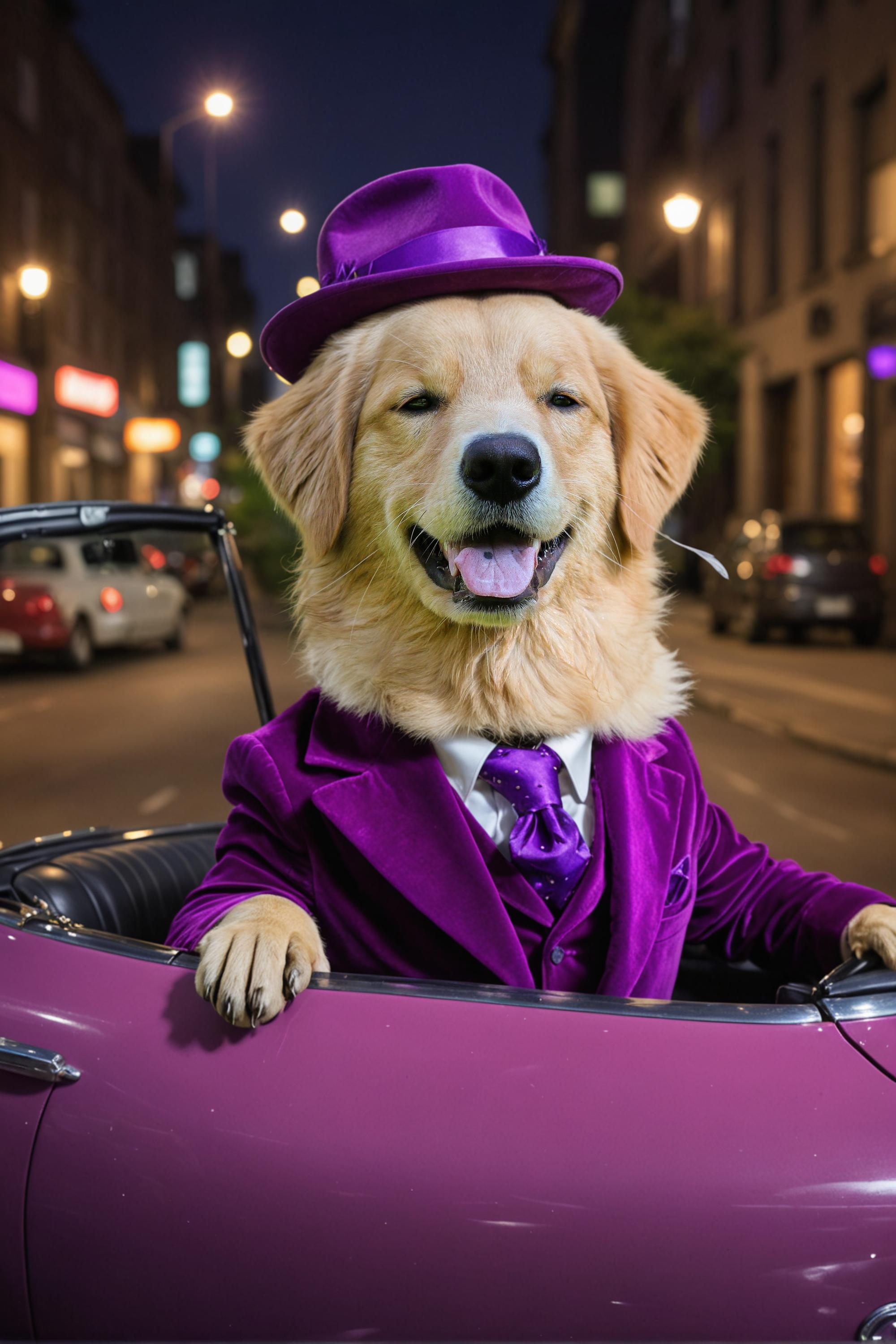 A golden retriever, donning a purple suit and hat, exudes joy while sitting in a vibrant pink car, captured with 'Inpaint' to enhance its charm. This AI-generated image showcases the pet's playful transformation, highlighting the creative editing capabilities of the 'Inpaint' tool.