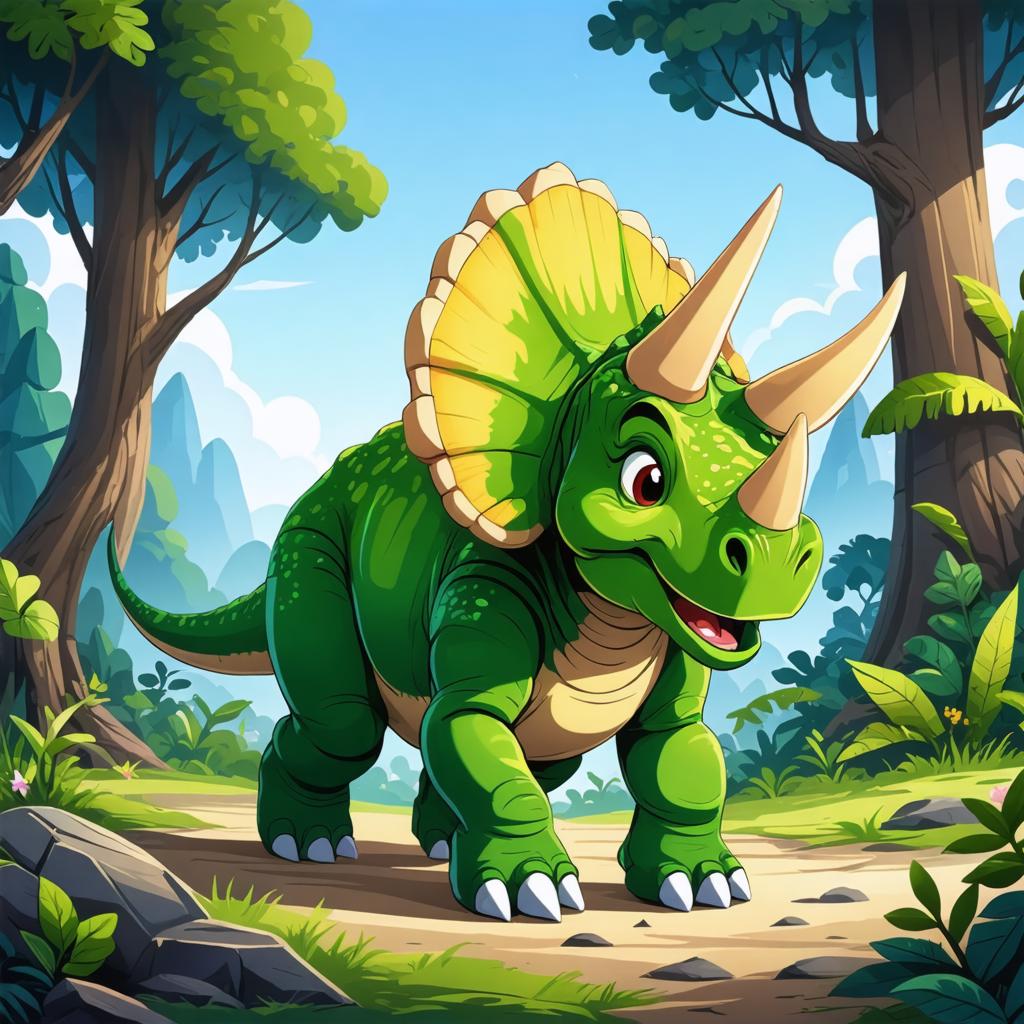 In this vibrant and detailed illustration, a cartoon triceratops with a friendly demeanor stands in a lush, prehistoric forest, showcasing the realistic and imaginative capabilities of the 'Stable Diffusion Ultra image generator'. The scene is rich with greenery and hints of ancient landscapes, inviting viewers to explore the wonders of AI-generated art.