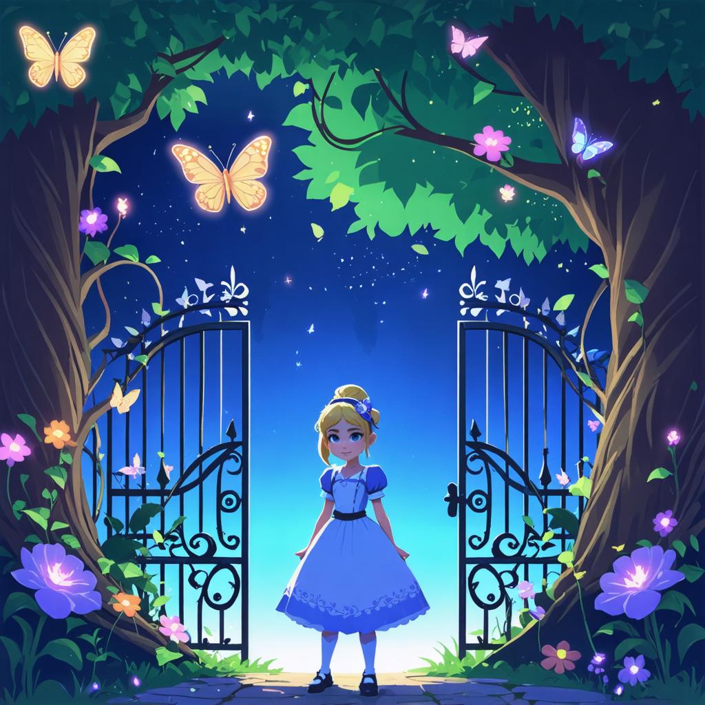 In the enchanting twilight, a young girl in a blue dress stands poised between ornate wrought iron gates, framed by a magical garden of glowing flowers and butterflies. The scene is a testament to the 'Stable Diffusion Ultra image generator,' which showcases its ability to create vivid, fantastical landscapes with intricate details and a dreamlike quality.